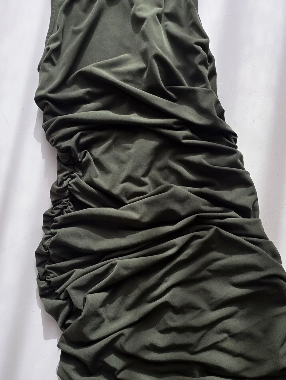 Michael Kors Olive Green Sleeveless Ruched Midi Dress